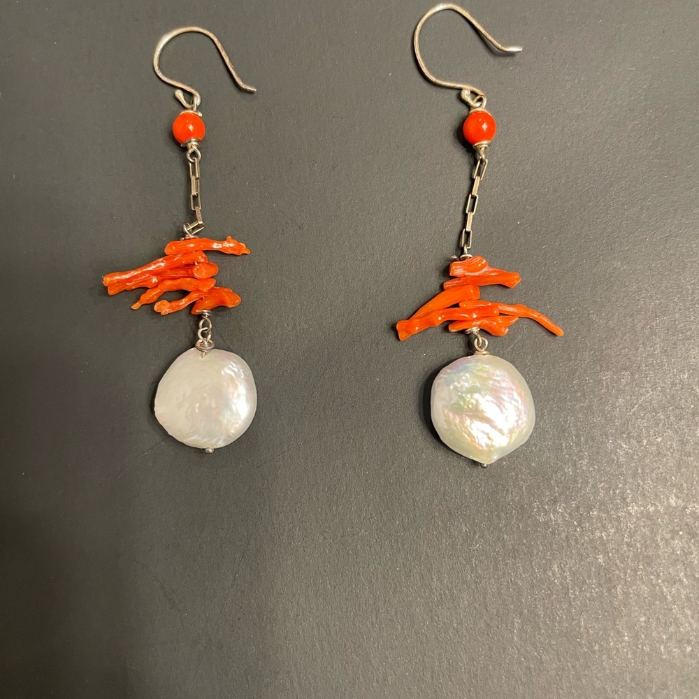 Vibrant Mother of Pearl Orange and White Dangle Earrings